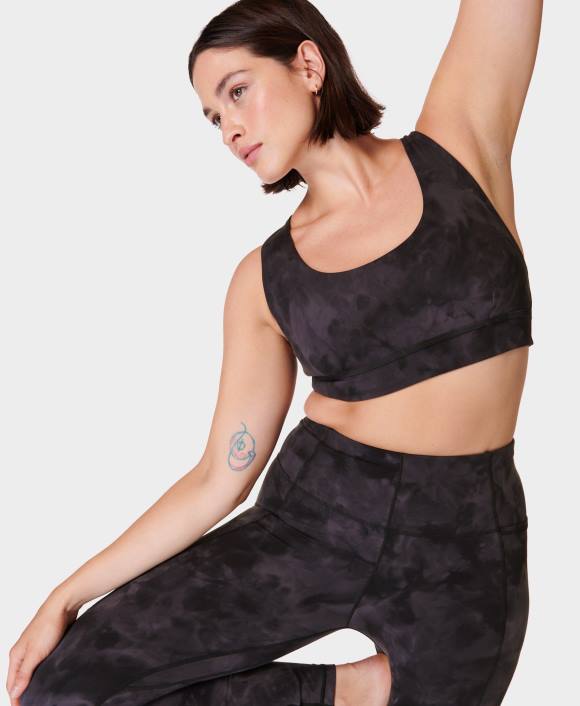 Black Spray Dye Print Sweaty Betty Women Super Soft Reversible Yoga Bra B4JV334