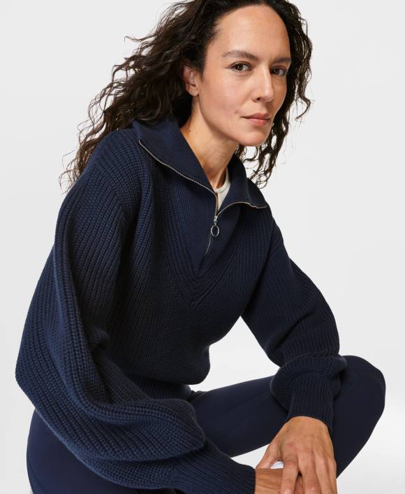 Navy Blue Sweaty Betty Women Modern Collared Knitted Sweater B4JV321